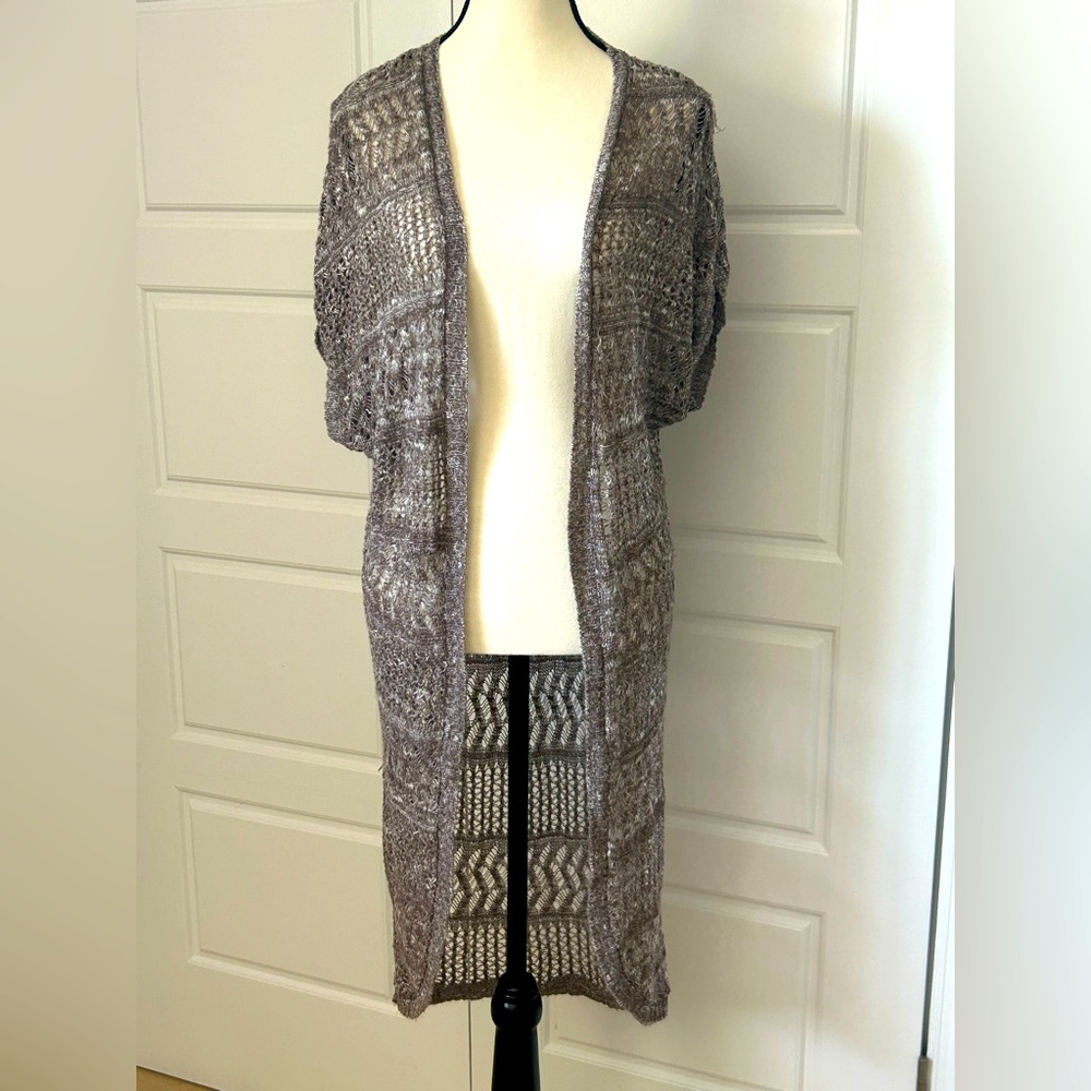 Vanity Elegant Brown Gray Open-Front Knit Cardigan